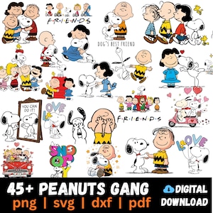 May include: A digital collection of Peanuts characters including Snoopy, Charlie Brown, Lucy, and Woodstock in various poses, featuring text like FRIENDS, DOG'S BEST FRIEND, YOU CAN DO IT, LOVE, and SNOOPY, with a label stating 45+ PEANUTS GANG DIGITAL DOWNLOAD.