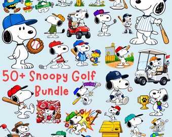 Könnte beinhalten: Eine digitale Sammlung von über 50 Snoopy-Illustrationen, die den Charakter in verschiedenen Golf- und Baseball-Outfits mit Mützen, Schlägern und Golfwagen zeigen, sowie der rote Text 50+ Snoopy Golf Bundle auf hellblauem Hintergrund.