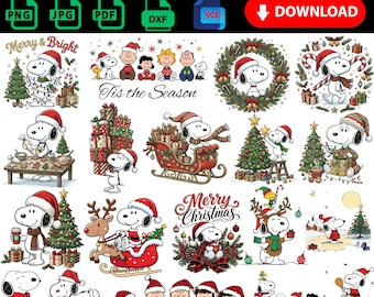 Könnte beinhalten: Eine digitale Sammlung mit dem Titel 135+ SNOOPY MEGA BUNDLE mit verschiedenen weihnachtlichen Illustrationen von Snoopy und Freunden. Die Grafiken zeigen Snoopy mit Weihnachtsbaum, Geschenken, Schlitten, Kranz und festlichem Text.