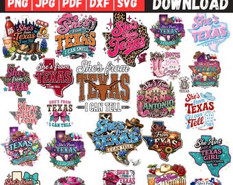 Könnte beinhalten: Eine digitale Sammlung von über 25 Grafikdesigns mit dem Text She's From Texas I Can Tell. Die Illustrationen zeigen Umrisse des Bundesstaates Texas, Cowboystiefel, Hüte, Longhorns, florale Muster, Leopardenmuster und Glitzertexturen.