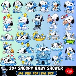 Puede incluir: Una colección de ilustraciones del personaje Snoopy con varios temas de baby shower, incluyendo a Snoopy con un chupete, durmiendo en una luna, bañándose en una tina y sentado en una caseta azul con el texto Oh Baby! y a little peanut is on the way.