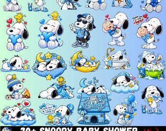Könnte beinhalten: Eine Sammlung von Snoopy-Illustrationen mit verschiedenen Babyparty-Motiven, darunter Snoopy mit Schnuller, schlafend auf einem Mond, badend in einer Wanne und sitzend auf einer blauen Hundehütte mit dem Text Oh Baby! und a little peanut is on the way.