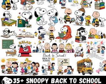 Könnte beinhalten: Eine Sammlung von Peanuts-Charakterillustrationen mit Snoopy, Charlie Brown und Freunden bei schulbezogenen Aktivitäten wie Lesen, Busfahren und Lernen. Der Text lautet 35+ SNOOPY BACK TO SCHOOL, PNG, JPG, PDF, SVG, DXF und DOWNLOAD.