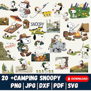 Peut inclure: Une collection de plus de vingt illustrations de Snoopy sur le thème du camping. Snoopy est représenté dans diverses activités de plein air, notamment la randonnée, la pêche et le camping. Les images sont aux formats PNG, JPG, DXF, PDF et SVG. Le texte indique "OFF ON AN ADVENTURE!" et "20 + CAMPING SNOOPY".