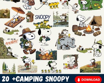 Könnte beinhalten: Eine Sammlung von über zwanzig Camping-Illustrationen von Snoopy. Snoopy wird bei verschiedenen Outdoor-Aktivitäten wie Wandern, Angeln und Camping dargestellt. Die Bilder sind in den Formaten PNG, JPG, DXF, PDF und SVG verfügbar. Der Text lautet "OFF ON AN ADVENTURE!" und "20 + CAMPING SNOOPY".