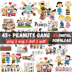 May include: A digital collection of Peanuts gang illustrations featuring Snoopy, Charlie Brown, Lucy, Linus, and other characters in various poses, with text reading 45+ PEANUTS GANG DIGITAL DOWNLOAD png | svg | dxf | pdf and THE PEANUTS.