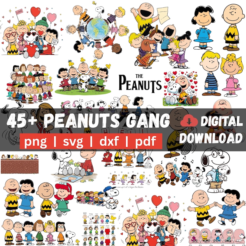 May include: A digital collection of Peanuts gang illustrations featuring Snoopy, Charlie Brown, Lucy, Linus, and other characters in various poses, with text reading 45+ PEANUTS GANG DIGITAL DOWNLOAD png | svg | dxf | pdf and THE PEANUTS.