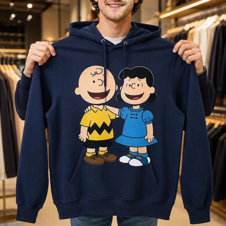 May include: A navy blue hooded sweatshirt featuring a graphic print of the cartoon characters Charlie Brown and Lucy van Pelt standing side by side. Charlie Brown wears a yellow shirt with a black zigzag pattern, while Lucy wears a blue dress.