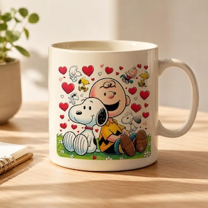 May include: A white ceramic mug featuring a colourful graphic of Charlie Brown and Snoopy sitting together on green grass. The design includes numerous red hearts, small white flowers, and other Peanuts characters surrounding the central pair.