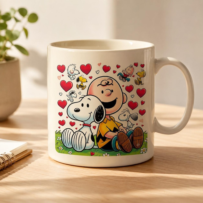 May include: A white ceramic mug featuring a colourful graphic of Charlie Brown and Snoopy sitting together on green grass. The design includes numerous red hearts, small white flowers, and other Peanuts characters surrounding the central pair.