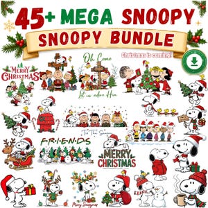 May include: A digital collection of 45+ Snoopy Christmas graphics featuring Snoopy and friends in various holiday scenes. The text reads 45+ MEGA SNOOPY SNOOPY BUNDLE, Christmas is coming!, Merry Christmas, Oh Come Let us adore Him, and Tis The Season.