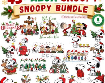 Könnte beinhalten: Eine digitale Sammlung von über 45 Snoopy-Weihnachtsgrafiken mit Snoopy und Freunden in verschiedenen Urlaubsszenen. Der Text lautet 45+ MEGA SNOOPY SNOOPY BUNDLE, Christmas is coming!, Merry Christmas, Oh Come Let us adore Him und Tis The Season.