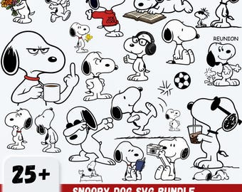 Könnte beinhalten: Eine Sammlung von Snoopy-Hunde-Designs in Schwarz und Weiß. Snoopy wird in verschiedenen Posen dargestellt, darunter Sonnenbrille, Lesen und Halten einer Kaffeetasse. Der Text "25+ DESIGNS" und "SNOOPY DOG SVG BUNDLE" ist enthalten.