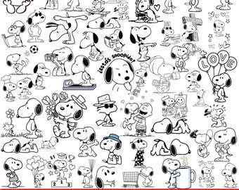 Könnte beinhalten: Eine Sammlung von schwarz-weißen Strichzeichnungen des Charakters Snoopy in verschiedenen Posen und Aktivitäten, darunter mit Luftballons, beim Lesen und beim Sport. Der Text unten lautet 50+ SNOOPY DOG MEGA BUNDLE.