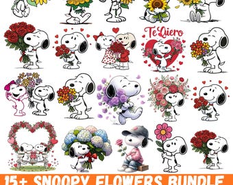 Könnte beinhalten: Eine digitale Sammlung von Snoopy-Illustrationen, die den Charakter mit verschiedenen Blumensträußen zeigen, darunter Sonnenblumen, Rosen und Hortensien. Einige Bilder zeigen Snoopy mit anderen Figuren, Herzen und dem Text Te Quiero. 15+ Snoopy Flowers Bundle.