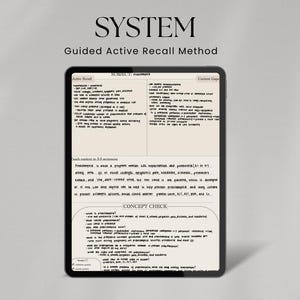 Peut inclure: Une tablette numérique affiche le texte "ADHD STUDY SYSTEM" et "Guided Active Recall Method". L'écran montre des notes manuscrites sur le sujet "Preeclampsia" et des contrôles de concept. Le fond est de couleur gris clair.