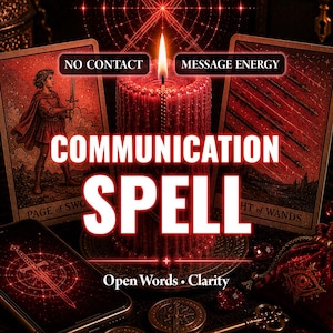 May include: A red pillar candle with a lit flame sits between two tarot cards, the Page of Swords and the Eight of Wands. Text reads NO CONTACT, MESSAGE ENERGY, COMMUNICATION SPELL, and Open Words Clarity. A smartphone with a sword graphic is visible.