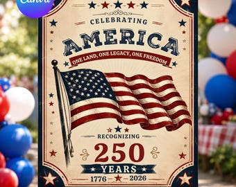 Zaproszenie na imprezę America 250, Zaproszenie na 4 lipca, Patriotyczny grill, Obchody 250 lat wolności, Tablica powitalna, Szablon edytowalny Canva