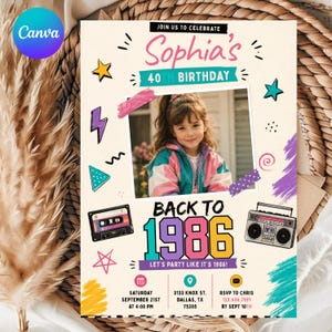 May include: A 1980s-themed birthday invitation card featuring the text Sophia's 40th Birthday and Back to 1986. The design includes a central photo of a child, colorful geometric shapes, a cassette tape, a boombox, and event details.