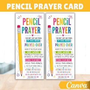 May include: Two identical rectangular prayer cards featuring a yellow pencil graphic on the left side. The text reads: PENCIL PRAYER, THIS ISN'T JUST ANY PENCIL IT HAS BEEN PRAYED OVER, KEEP IT IN YOUR DESK AND WHEN FACING A TOUGH DAY OR NEED A LITTLE HELP, DOING YOUR BEST, HOLD THIS PENCIL IN YOUR HAND AND REMEMBER IN YOUR HEART YOU ARE NEVER ALONE GOD IS ALWAYS WITH YOU CHEERING YOU ON.