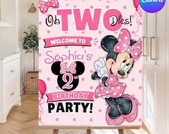 Tabliczka powitalna z motywem Myszki Minnie TwoDles na urodziny, plakat powitalny na przyjęcie urodzinowe Myszki Minnie, tabliczka powitalna z motywem urodzin dziewczynki, edytowalna w Canva