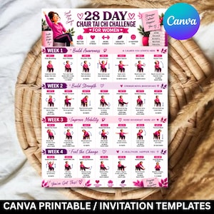 Könnte beinhalten: Ein 28-Tage-Stuhl-Tai-Chi-Challenge-Plan in Rosa und Weiß. Das Dokument enthält tägliche Übungsanleitungen, Illustrationen einer Person in einem rosa Hemd bei der Ausführung der Bewegungen sowie motivierende Textüberschriften.