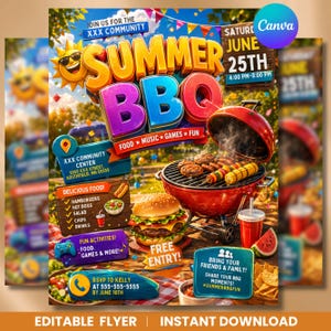 Könnte beinhalten: Bunter Flyer, der eine Sommer-BBQ-Veranstaltung der Gemeinde bewirbt. Er zeigt eine Cartoon-Sonne, die Worte "SUMMER BBQ" und Bilder von Speisen wie Hamburgern, Hot Dogs und Gegrilltem. Enthält Veranstaltungsdetails, Datum, Uhrzeit und Kontaktinformationen.