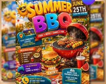 Folleto para barbacoa de verano, Día de los Caídos, Plantilla de folleto para barbacoa, Folleto para barbacoa en el jardín, Invitación para barbacoa DIY, Editable en Canva