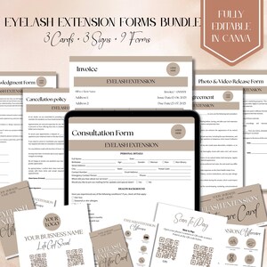 Puede incluir: Un paquete digital de formularios, letreros y tarjetas para extensiones de pestañas en tonos beige y blanco. La colección incluye una factura, un formulario de consulta, una política de cancelación y tarjetas de cuidados posteriores.