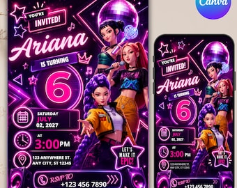 Szablon zaproszenia urodzinowego K-pop Demon Hunters, edytowalne zaproszenie na imprezę K-pop Canva, zaproszenie z neonowymi dziewczynami w anime, pobieranie cyfrowe, zrób to sam w Canva