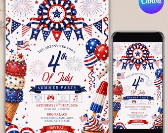 Szablon zaproszenia na 4 lipca, zaproszenie do USA, obchody rocznicy, Dzień Niepodległości Ameryki, edytowalny szablon Canva