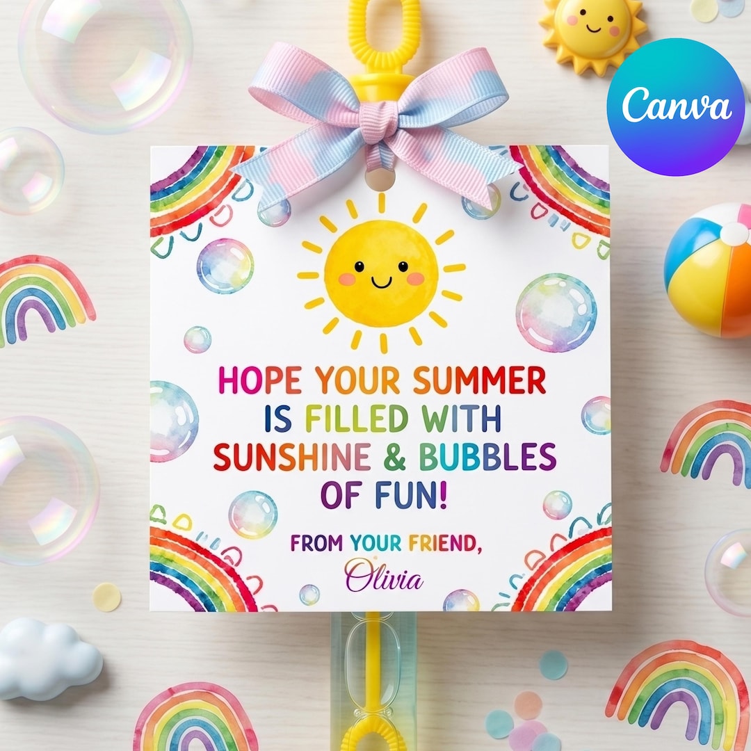 End of School Year Bubble Gift Tags, Editable Canva Summer Class Gift ...
