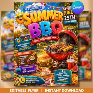 Könnte beinhalten: Bunter Flyer, der eine Sommer-BBQ-Veranstaltung bewirbt. Das Design zeigt einen großen "SUMMER BBQ"-Titel, eine Cartoon-Sonne und Bilder von Lebensmitteln wie Hamburgern und Gegrilltem. Details umfassen Datum, Uhrzeit, Ort und RSVP-Informationen.