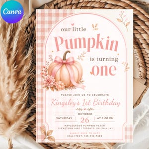 May include: A rectangular birthday invitation card featuring a light pink gingham border and an arched frame. The text reads: our little Pumpkin is turning one, Kingsley's 1st Birthday, October 26 at 1:00 PM, Maple Grove Pumpkin Patch, 156 Autumn Lane, Toronto, ON.