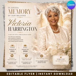 May include: A funeral program template featuring a portrait of an older person with short gray hair, wearing a cream-colored blazer and pearl necklace. The design includes white doves, golden gates, and text detailing memorial service information.