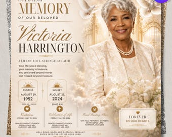 White Roses Funeral Announcement Flyer, Memorial Service Announcement, In Loving Memory Flyer, Angel Wings Tribute Flyer, Canva Editable