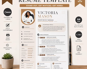 Nowoczesny szablon CV ze zdjęciem, profesjonalne CV na Maca z 2026 r., dołączony list motywacyjny, natychmiastowe pobranie pliku PDF, profil, edytowalny w Canva