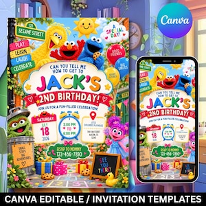 May include: A digital birthday invitation template featuring Sesame Street characters including Big Bird, Elmo, Cookie Monster, Oscar the Grouch, and Abby Cadabby. The text reads: Can you tell me how to get to Jack's 2nd Birthday! Saturday July 18 2026.