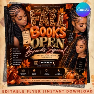 Puede incluir: Un folleto promocional de servicios de trenzado de cabello con tres imágenes de personas con peinados trenzados, hojas de otoño y una calabaza. El texto incluye FALL BOOKS OPEN, Braids Special, PROTECT YOUR CROWN THIS SEASON y BOOK NOW.