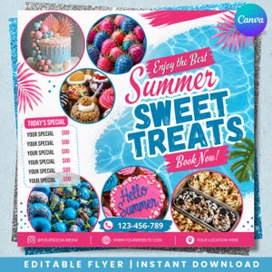 May include: A vibrant flyer promoting summer sweet treats. The design features a blue and pink color scheme with images of cakes, donuts, and strawberries. Text includes "Enjoy the Best Summer Sweet Treats" and "Book Now!"