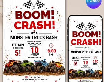 Monster Truck Birthday Invitation Template, Editable Canva Invite, 5x7 & Mobile, Truck Party Invitation, Instant Download, Canva Editable