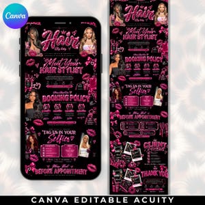 May include: A digital template for a hair stylist booking site featuring a black background with bright pink glitter accents, lip icons, and bows. The text includes Hair By Kitty, Meet Your Hair Stylist, Booking Policy, and Tag Us In Your Selfies.