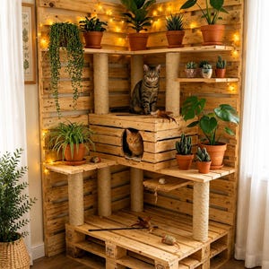 Torre tiragraffi in legno a più livelli fai da te in formato PDF e SVG, con pali in sisal, struttura di gioco per animali domestici.