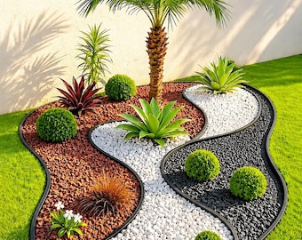 Diseño de jardín de rocas moderno en formato PDF para hacerlo tú mismo, sendero curvo, oasis de bajo mantenimiento.