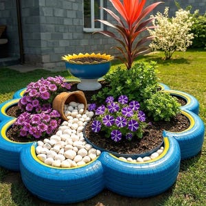 Puede incluir: Un original parterre hecho con neumáticos reciclados, pintados de azul con ribetes amarillos. El parterre está lleno de flores vibrantes, guijarros blancos y una planta de hojas rojas. Una maceta azul y amarilla se encuentra en el centro.