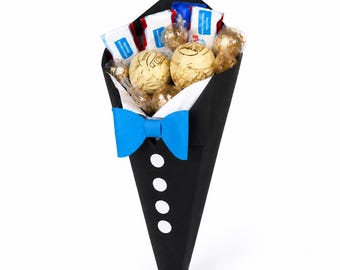 Cono de papel negro DIY con pajarita azul, regalo de chocolate Ferrero Rocher, recuerdo para fiesta de bodas