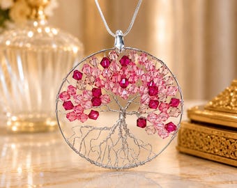 Collar DIY de árbol de la vida de resina rosa transparente, colgante bohemio de naturaleza, accesorio llamativo en tono plateado