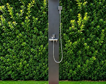 Ducha exterior moderna DIY PDF, acero inoxidable, diseño de cascada, resistente a la intemperie, para piscina o jardín.