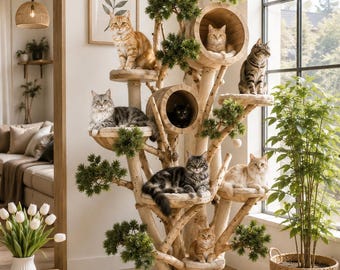 Plano para construir un árbol rascador de madera para gatos, con perchas de varios niveles, postes rascadores de sisal y muebles modernos para mascotas.