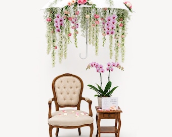 Decoración colgante de paraguas floral DIY, flores artificiales rosas y blancas, decoración para eventos de boda.
